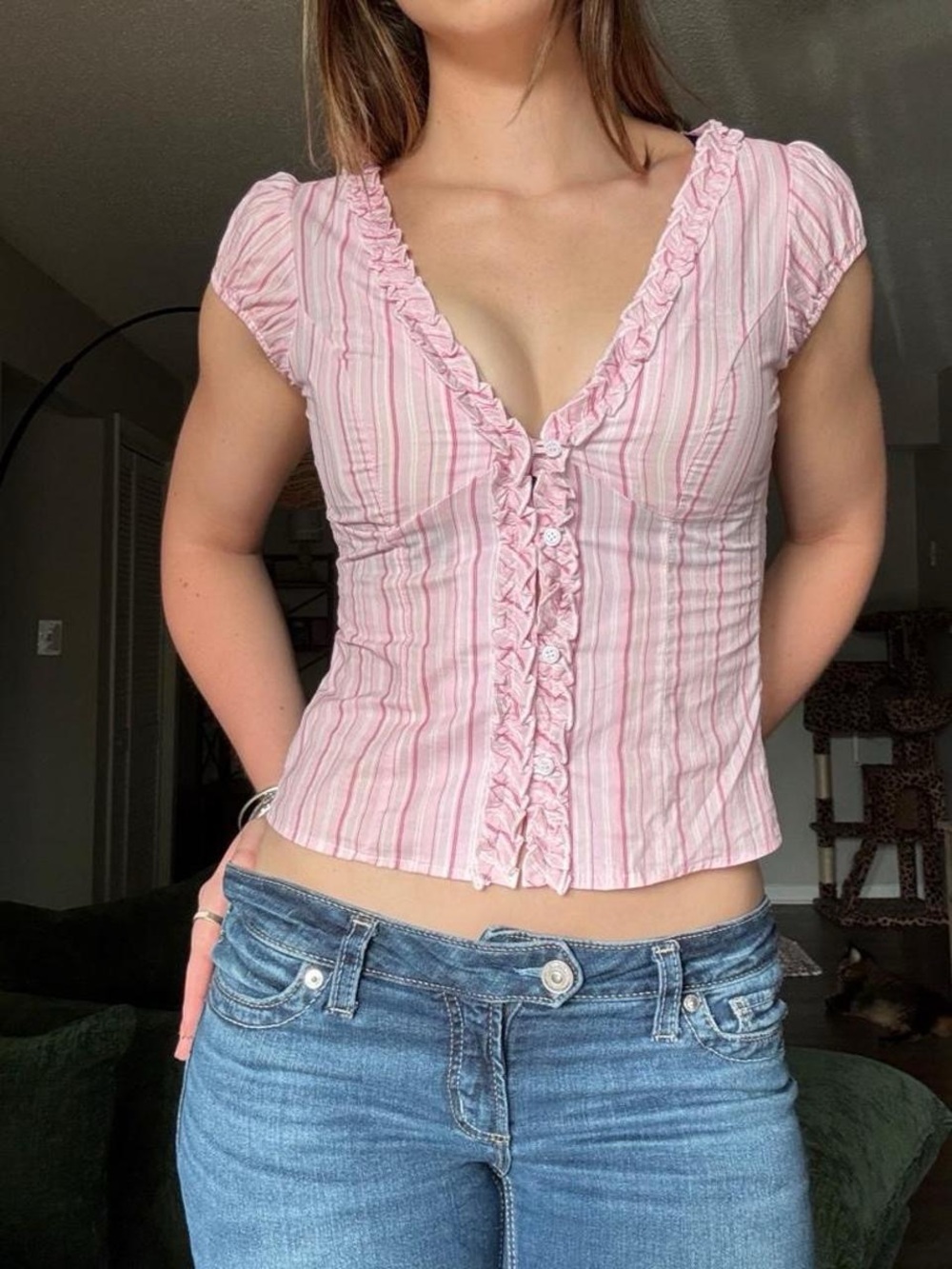 NWOT Edikted Pink Pinstripe Button-Up Blouse